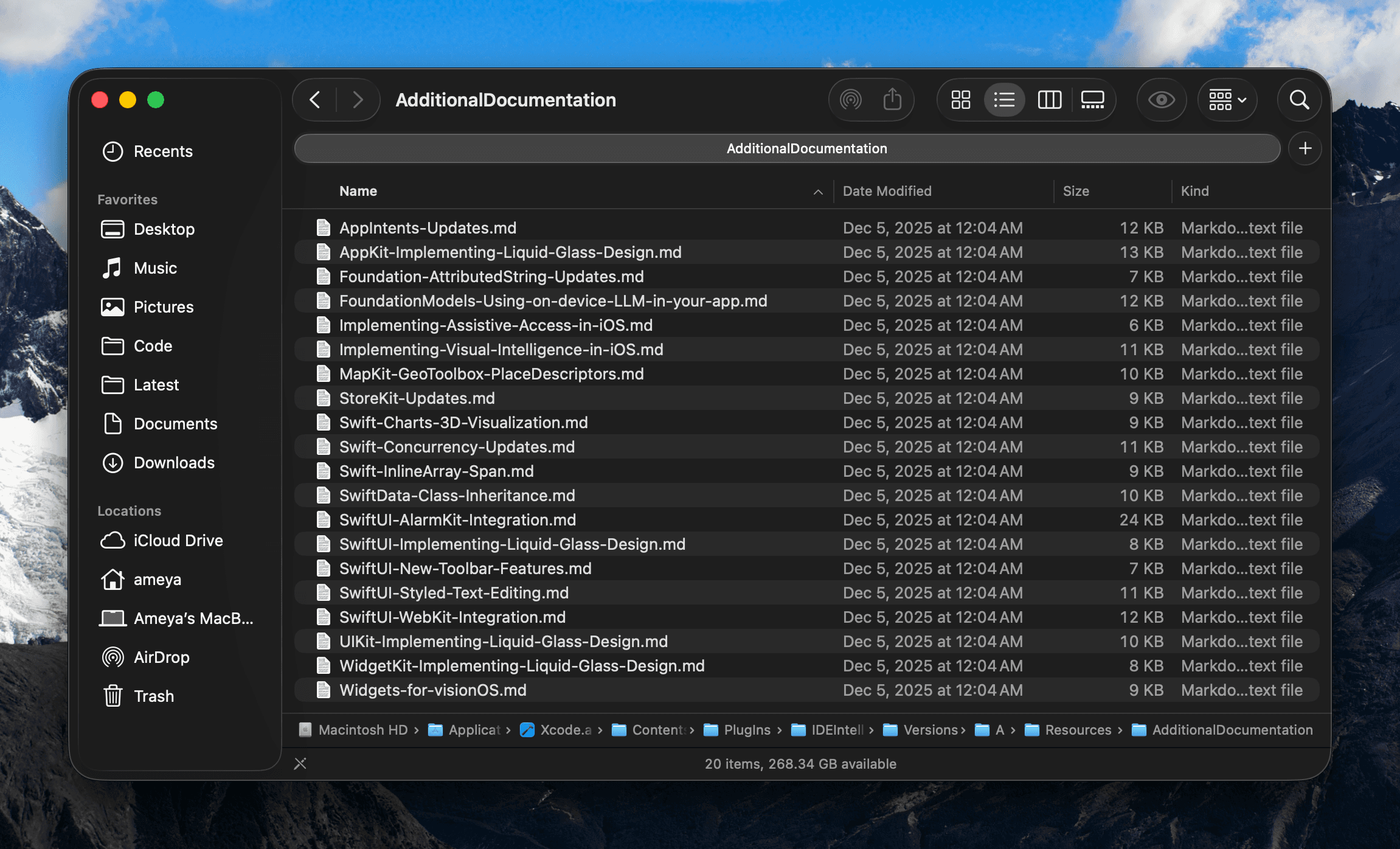 Finder window showing the AdditionalDocumentation directory with various Apple framework documentation files