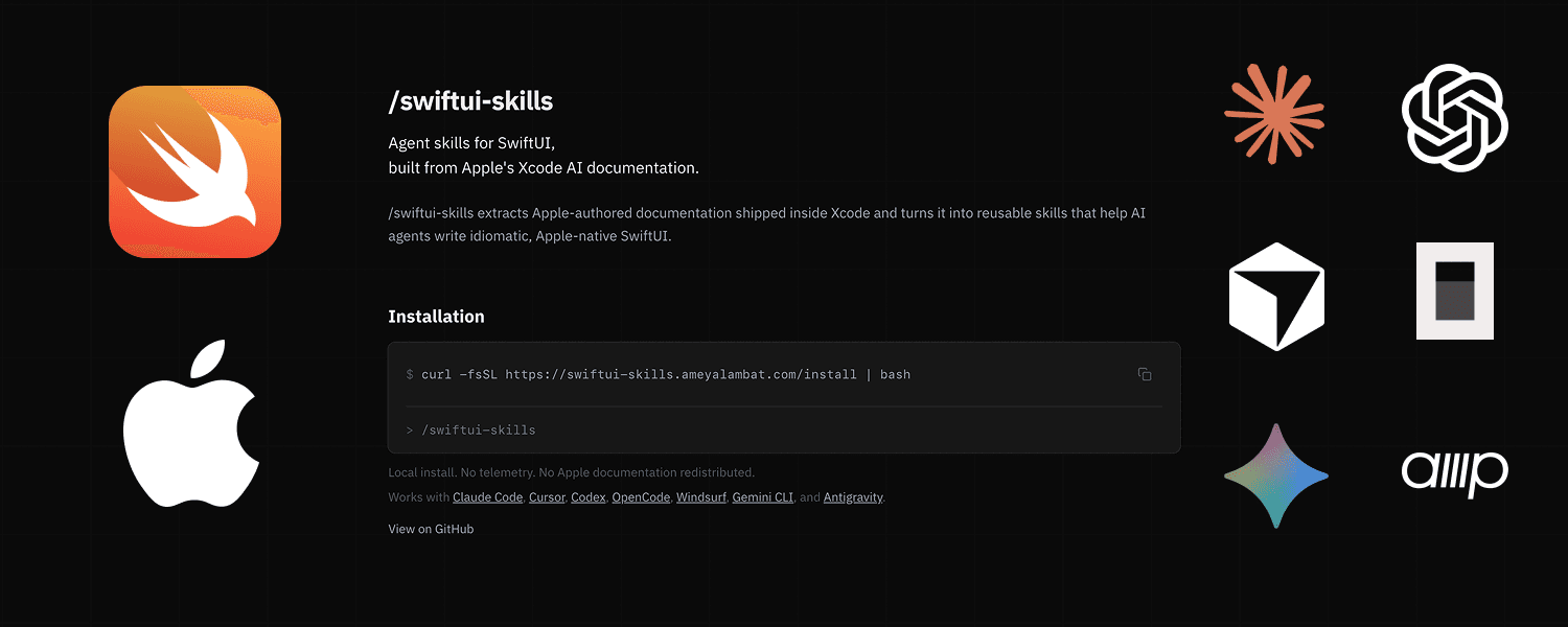 swiftui-skills website screenshot showing the project documentation